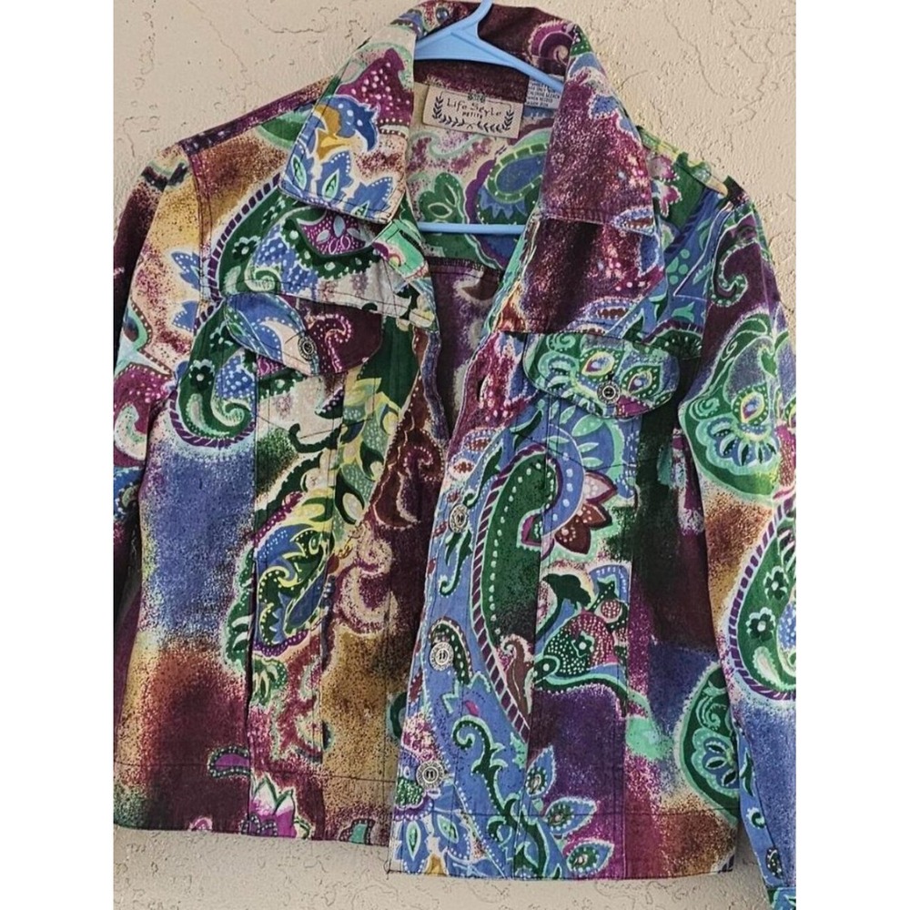 Life Style Petite Paisley Print Cotton Button Front Jacket Multicolor PM Boho
